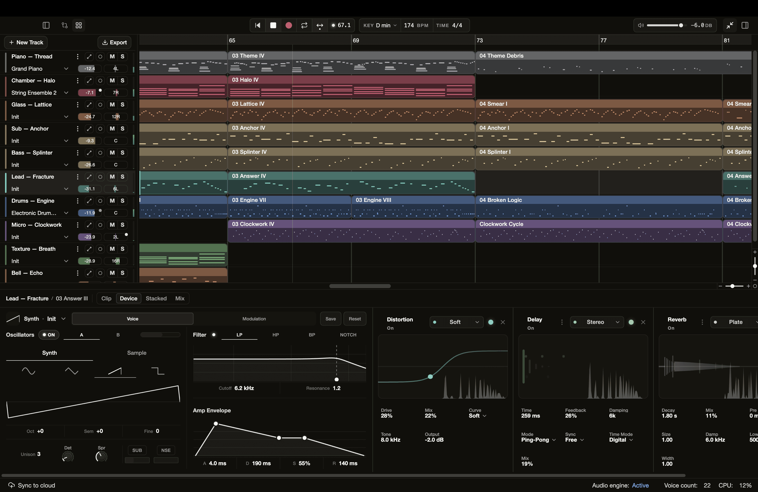 A Sympose project with ten tracks of clips in the arrangement, track headers with levels and pans, and a synth, distortion, delay, and reverb in the detail panel