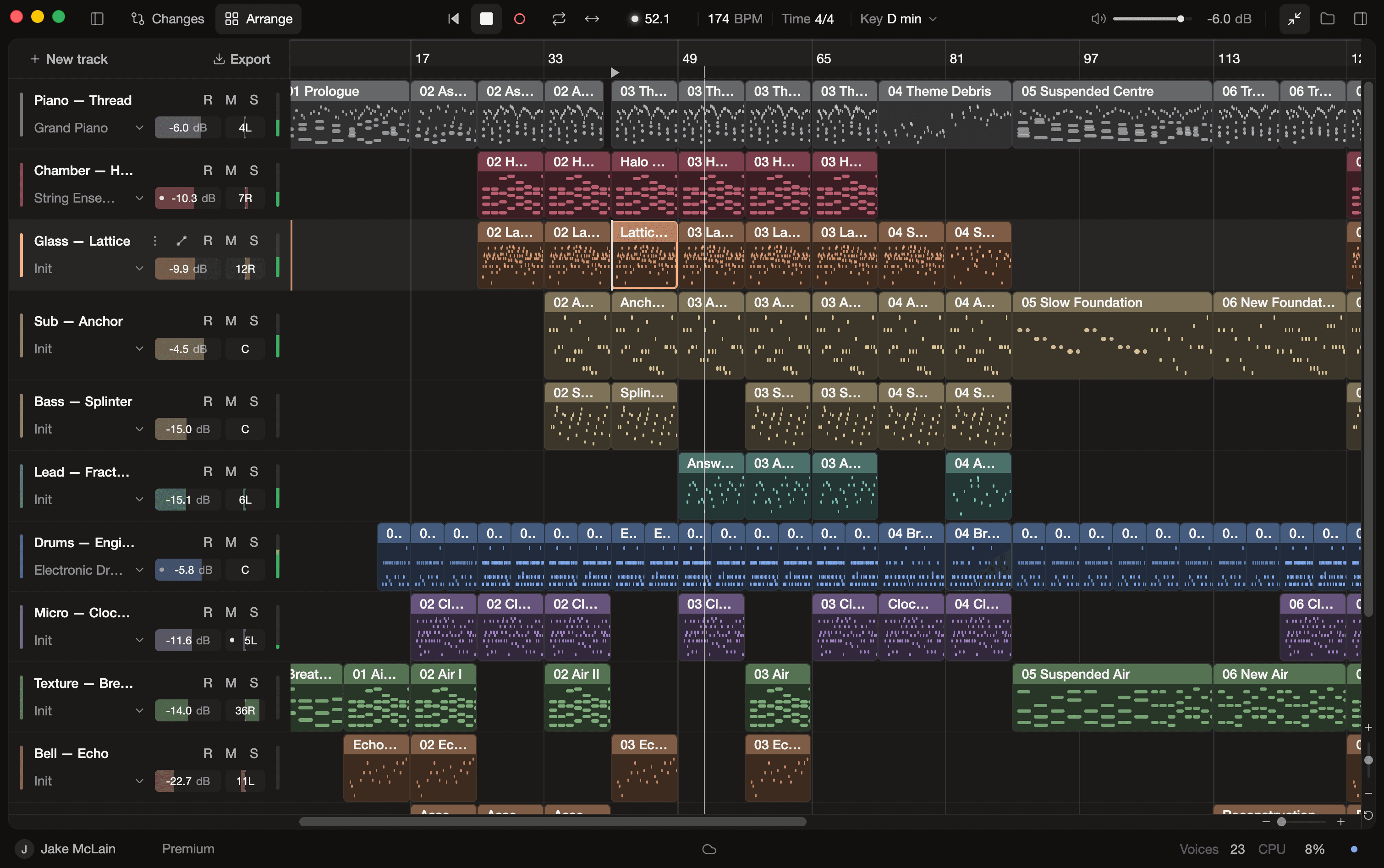 A large Sympose project in the arrangement view, with dozens of MIDI and drum clips across more than ten tracks