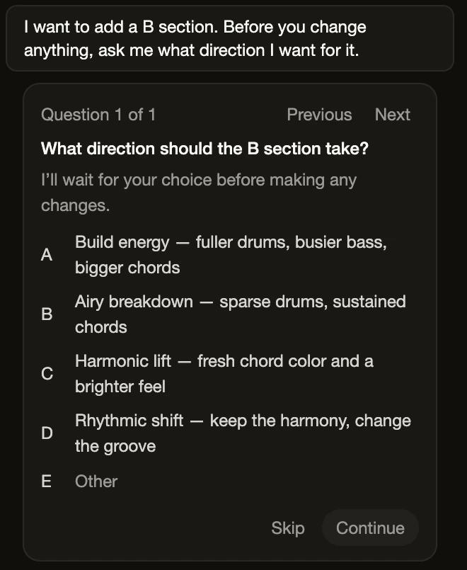 A question card asking what direction the B section should take, with four suggested answers, an Other option, and Skip and Continue buttons.