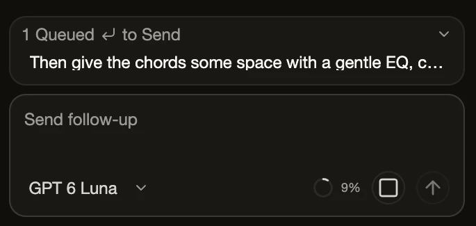 A queued follow-up above the composer, labeled 1 Queued, with the message waiting to send.