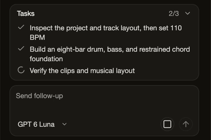 A run in progress: the Tasks list shows two of three tasks complete above the composer, which reads Send follow-up.