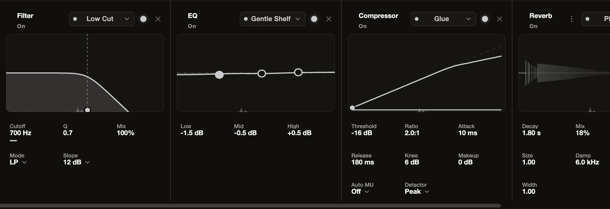 Effect cards during playback: Filter, EQ, Compressor, and Reverb, each drawing its curve or response above its main controls.